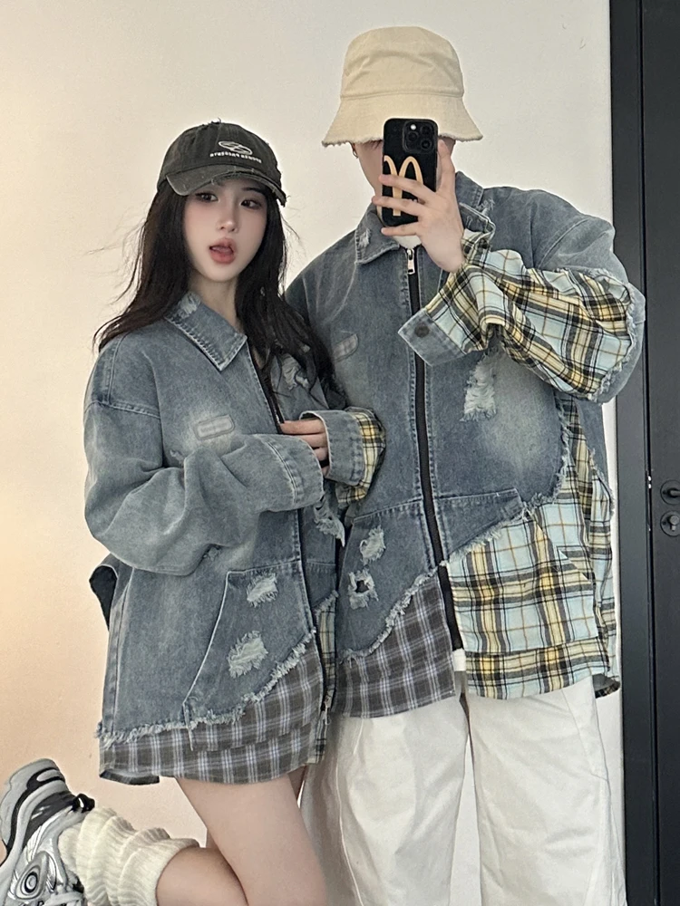 Американский винтажный модный бренд в стиле пэчворк рваные джинсы куртка дизайн