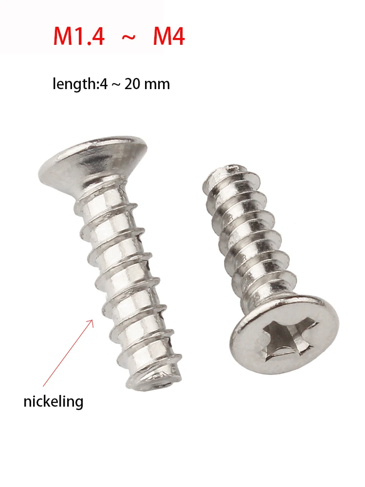 

M1.4-M4 Phillips Countersunk Flat Tail Self Tapping Screws Cross Flat Head Tapping Flat End Small Bolts Nickel Plated