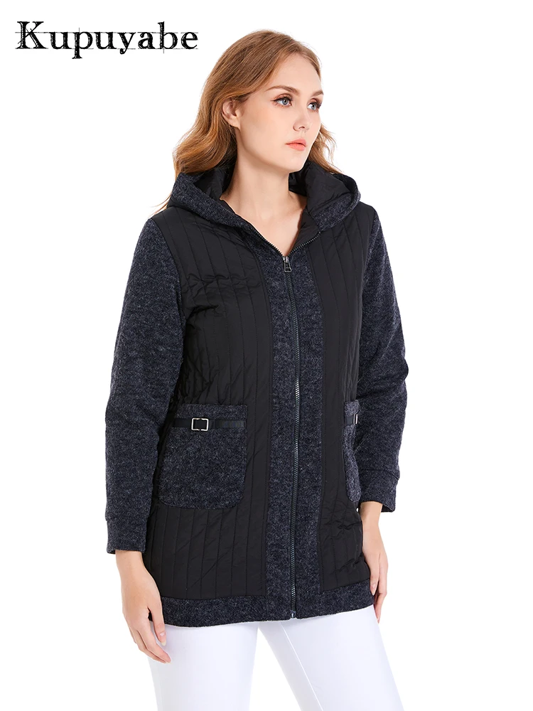 KUPUYABE Women's Plus Size Winter Jacket Cotton Padded Cotton Jacket Woolen Collar Pocket Warm and Wind-resistant Hooded Coat