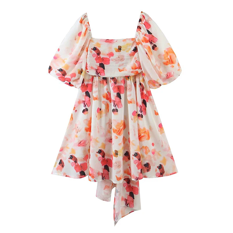 YENKYE Fashion Women Floral Print Holiday Party Princess Dress Vintage Puff Sleeve Sexy Backless Bow Vestido Ladies Short Robe