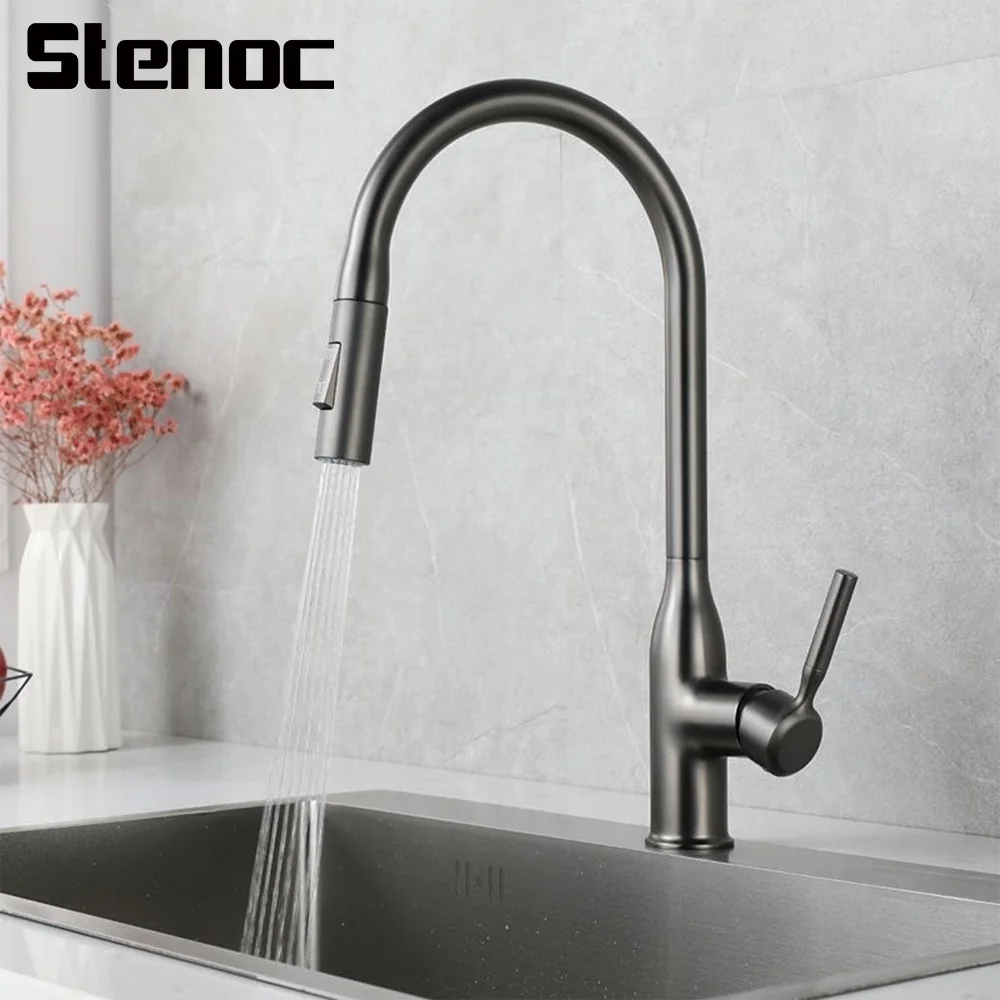 Новый серый кухонный кран с одной ручкой и вытяжным распылителем латунный