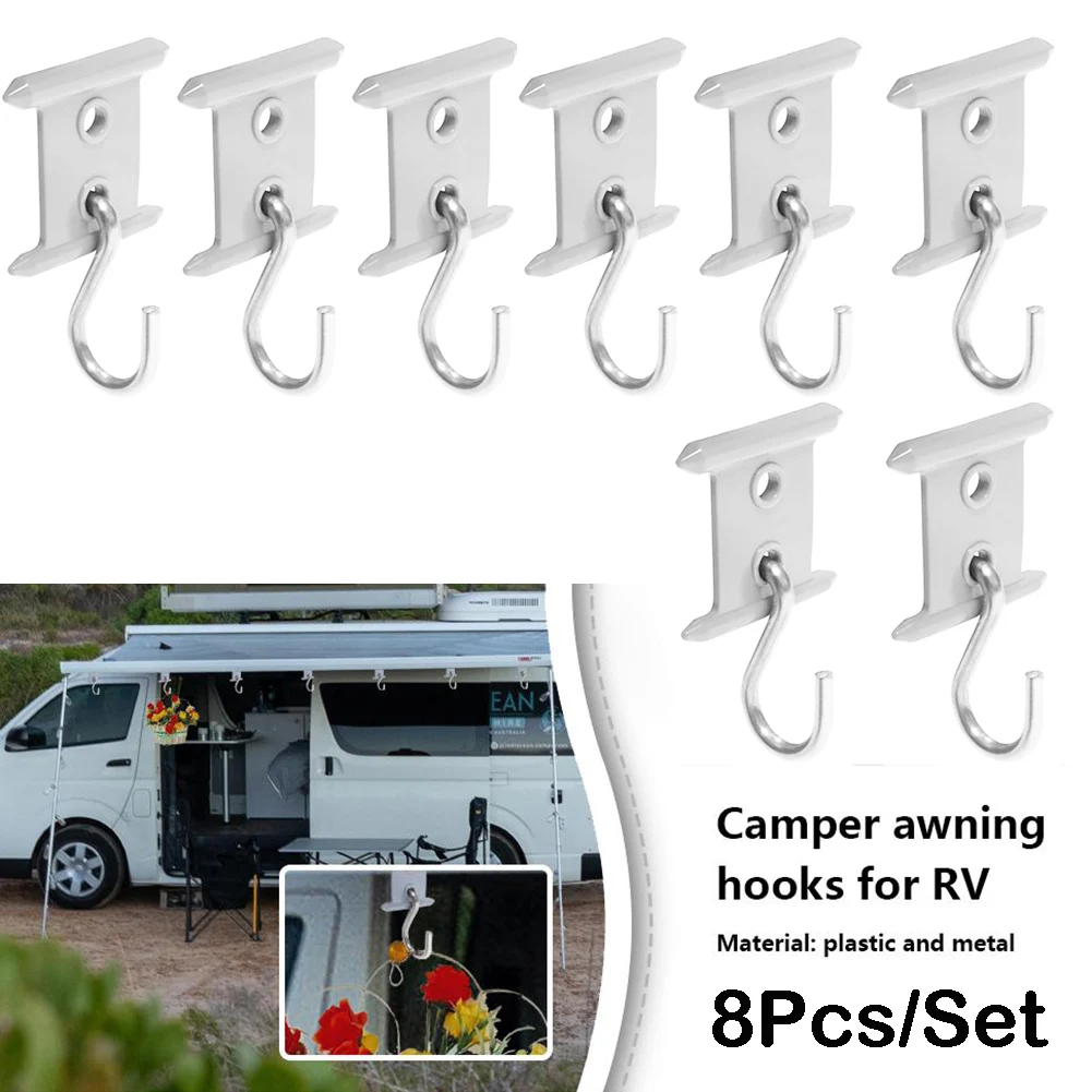 

8Pcs Camping Awning Hooks Clips RV Tent Hangers Light Hangers For Caravan Camper Hook Rack With Holes Plastic+steel
