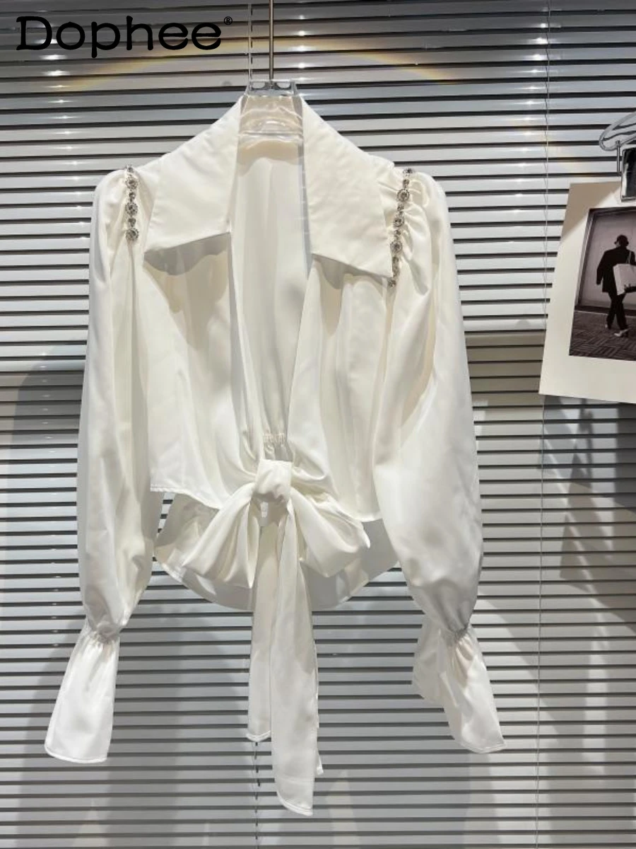 

High-End Rhinestone Lace Up Bow Office Lady Shirt Cardigan Temperament Lapel Long Sleeve White Shirt 2022 Autumn Camisa Feminina