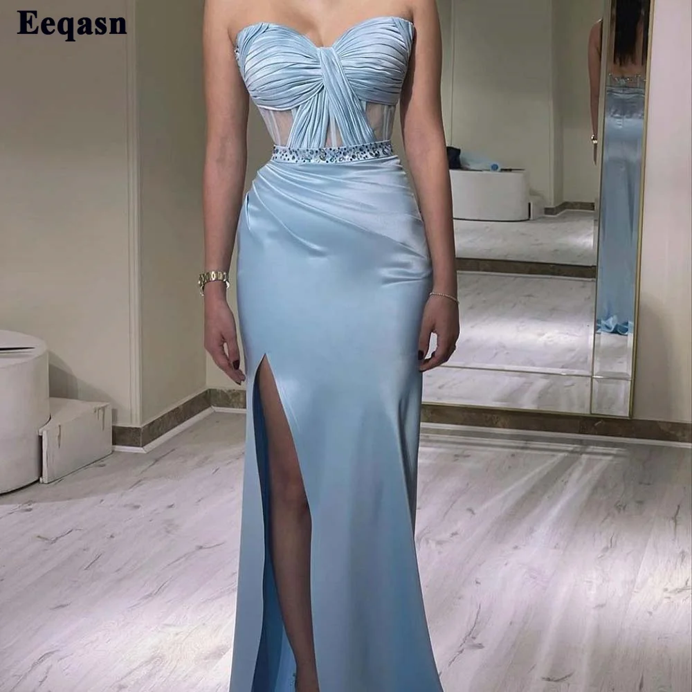 

Eeqasn Light Blue Mermaid Evening Dresses Crystals Pleated Sweetheart Sexy Special Party Gowns Split Formal Occasion Prom Dress