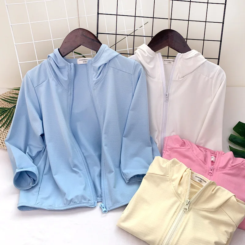 

UPF50+ Sun Protection Jacket for Woman Boys Girls Summer Clothes Candy Color Hooded Zipper Sunscreen Coat 14 Years Teenage