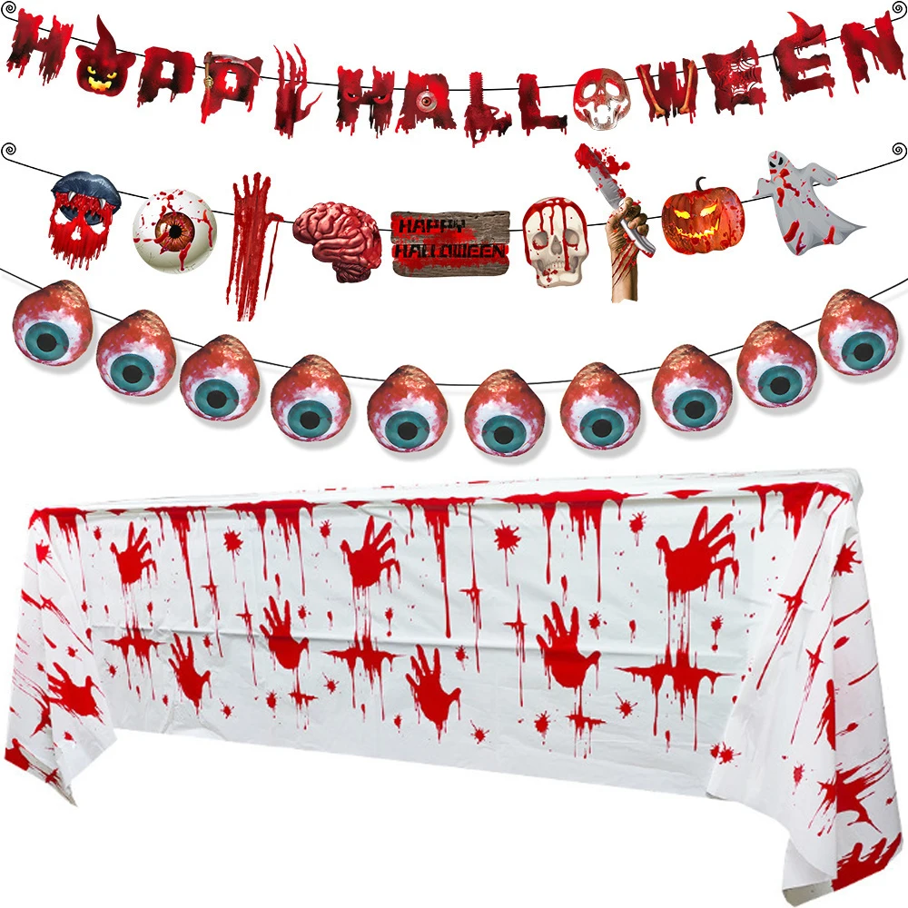 

Halloween Terror Banner Tablecloth Blood Hand Foot Knife Ghost Hanging Garland Happy Halloween Party Decorations Horror Props