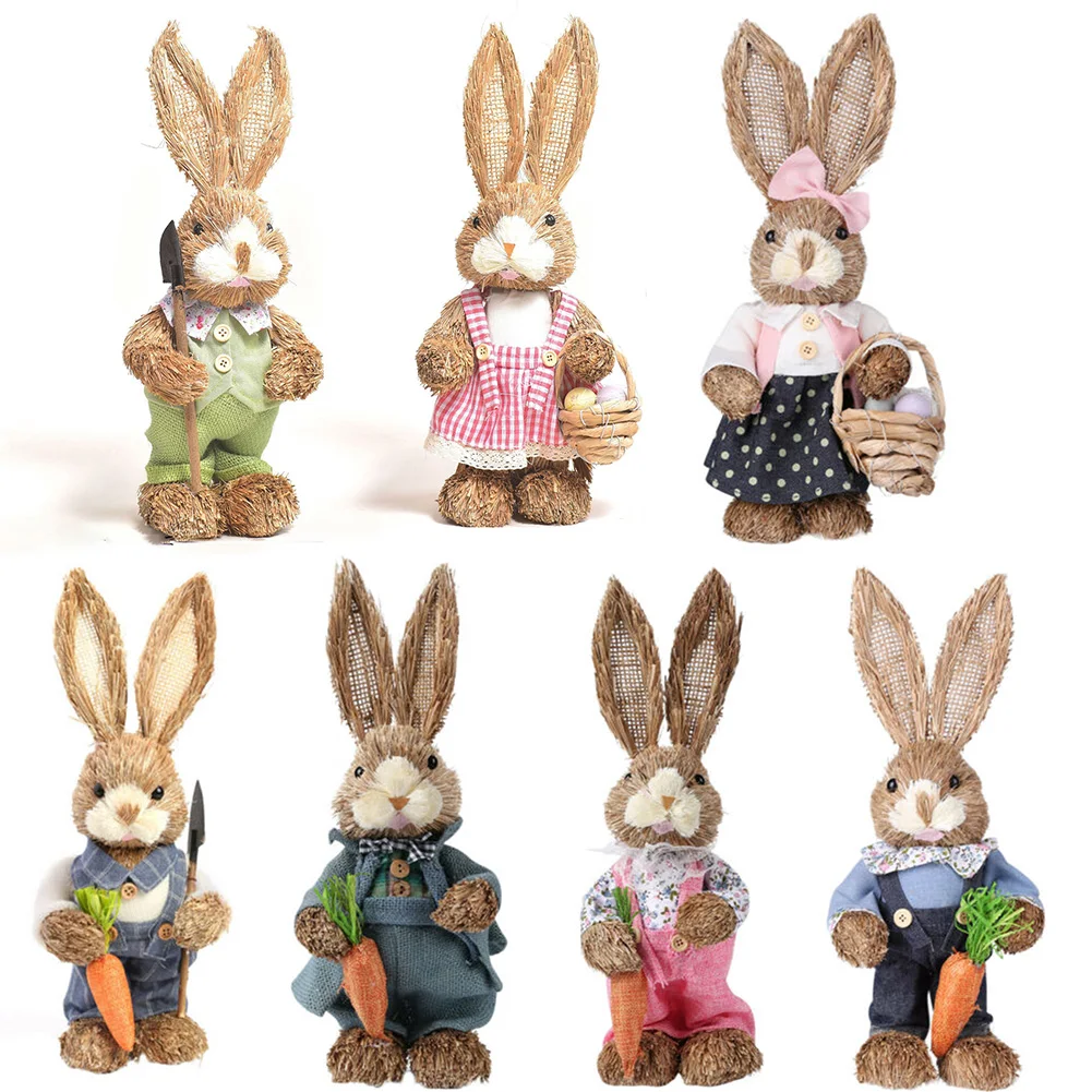 15x32cm Easter Straw Rabbit Decoration Artificial Bunny Carrot Ornament Home Garden Easter Party Decor