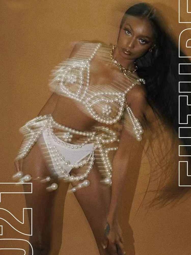 Сексуальный костюм бикини с жемчугом женский для ночного клуба танцев на пилоне