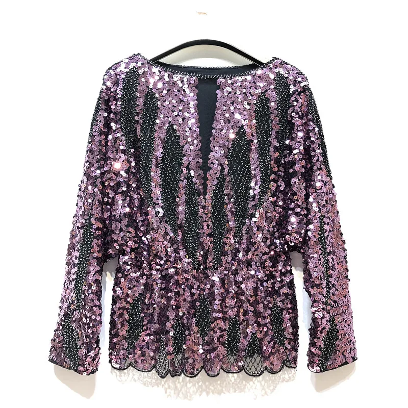 

Long Sleeve Bling Vintage Tee Female Pullover Top Retro Woman Bling Tshirt Sequined Female T-shirts Bat sleeve