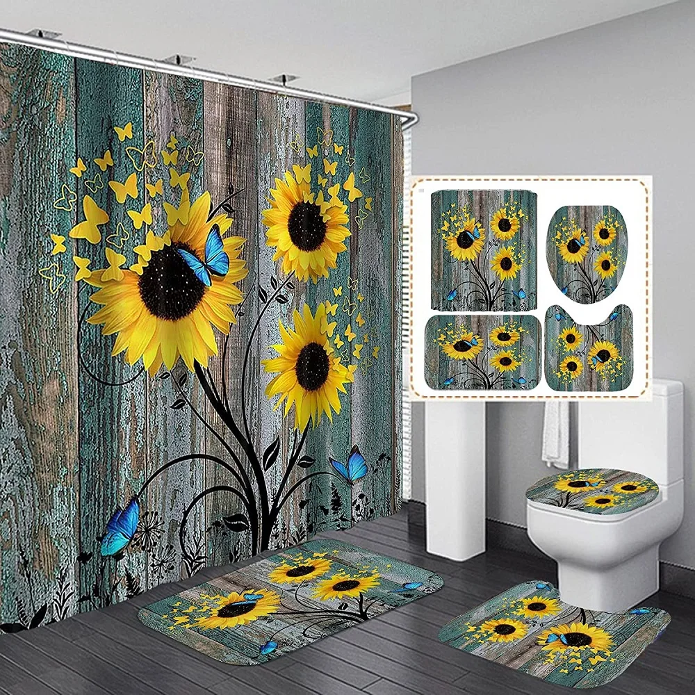 

Sunflower Shower Curtain Set Non-slip Rugs Toilet Lid Cover Bath Mat Teal Wooden Board Blue Butterfly Yellow Floral Bath Curtain