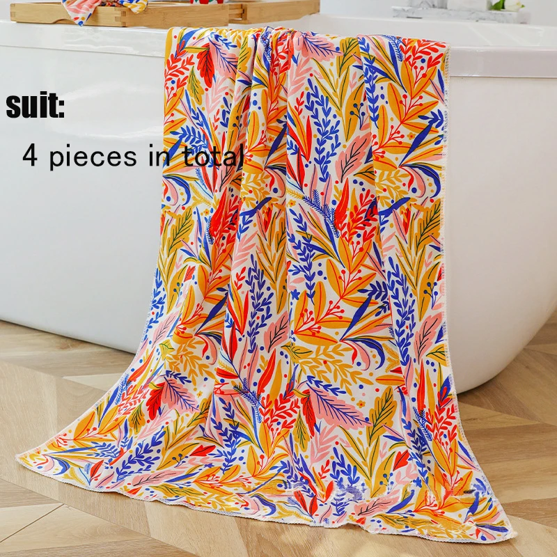 

New Ladies Printed Hair Drying Cap + Towel + Bath Towel + Hair Band Premium Bathroom Set Pure Cotton High Absorbency 4-Piece Set