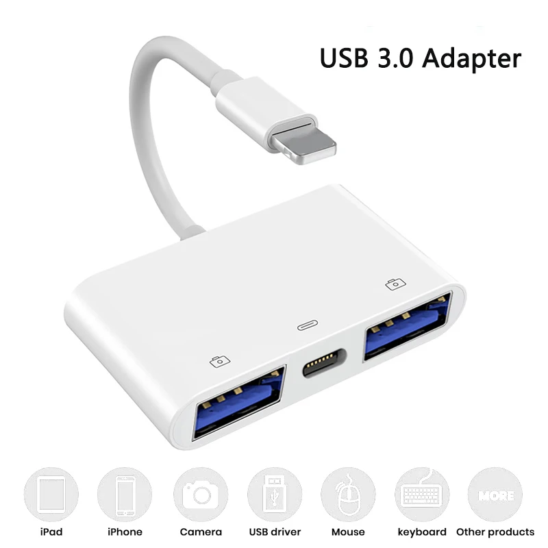 

Адаптер USB 3,0 для камеры, кабель OTG с двумя портами для зарядки, 3 в 1, переходник Lightning на USB, подходит для iphone, ipad, IOS системы