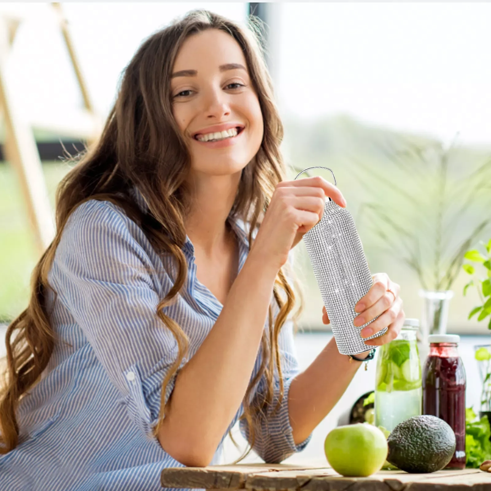 

350ml/500ml/750ml Diamond-encrusted Mug with Chain Water Bottle 304 Stainless Steel for Women Outdoor Traveling Products