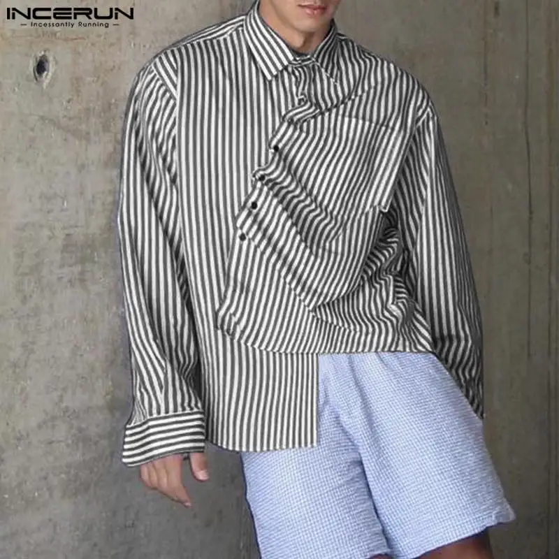 

Мужская Асимметричная рубашка INCERUN в полоску с отложным воротником и длинным рукавом, уличная одежда, повседневная мужская одежда, осенняя свободная идентификация 2023