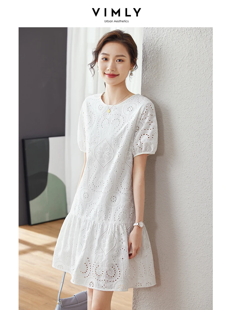 Vimly French Elegant Summer Dresses for Women Hollow Out Embroidery Cotton 100% Ruffle Hem Loose Waist Mini White Dresses Girls