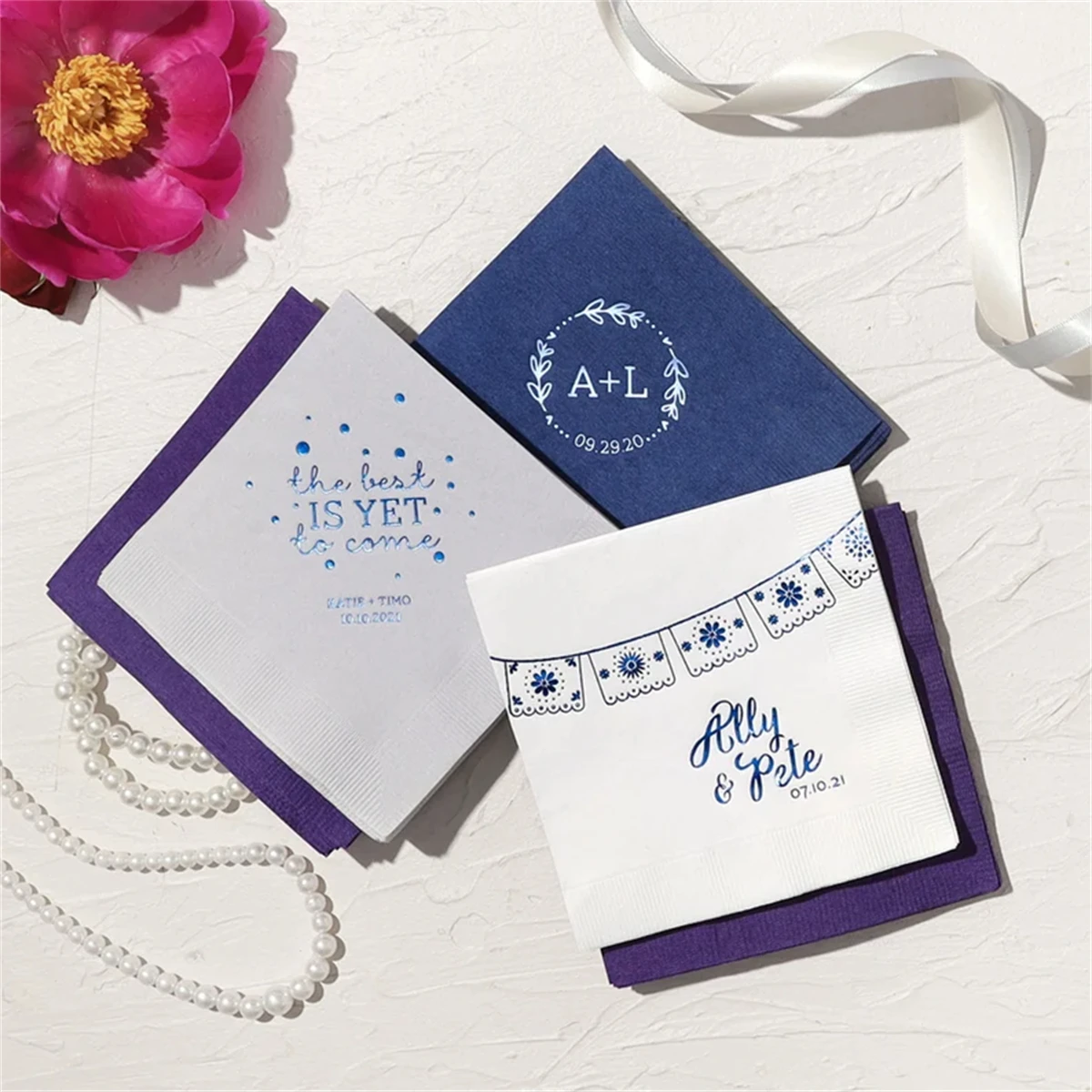 50Pcs Personalized Wedding Cocktail Napkins - Papel Picado Party Banner and Decor Fiesta Foil Paper