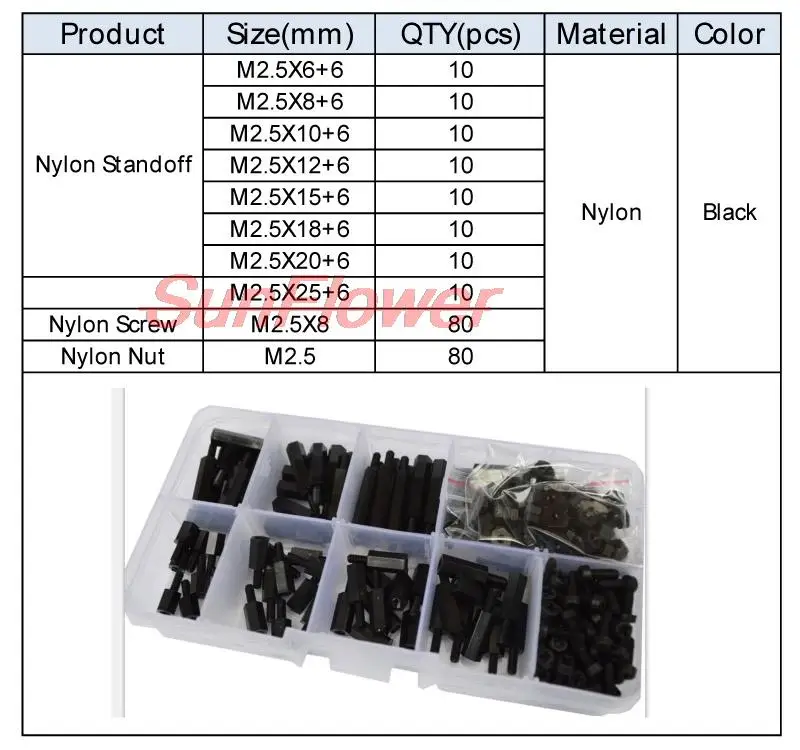 

240pcs Black Plastic Nylon Standoff M2.5*8mm M2.5*L+6mm Hex Column Support Male-Female Female Spacer Phillips Head Screw Nut Set