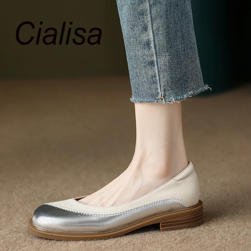 Cialisa Shoes For Women 2023 Spring New Style Round Toe ladies Flats Mixed Color Genuine Leather Handmade Dress Female Footwear