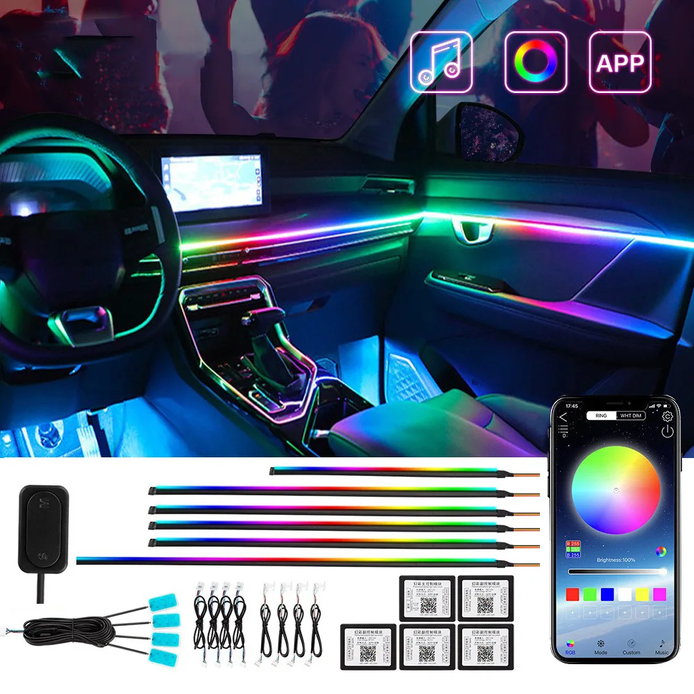 Фото Светодиодная подсветка салона автомобиля, скрытая, 256 цветов, RGB, 12В, для ног, для бардачка, с управлением через приложение и пультом ДУ №1