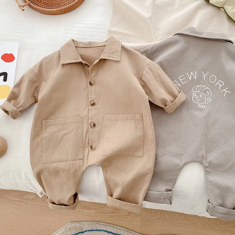 Newborn New Autumn Baby Jumpsuit Baby Boy 0-2 Years Old Single-Breasted Long-Sleeved Cotton Outer Wear Trousers Work Clothing