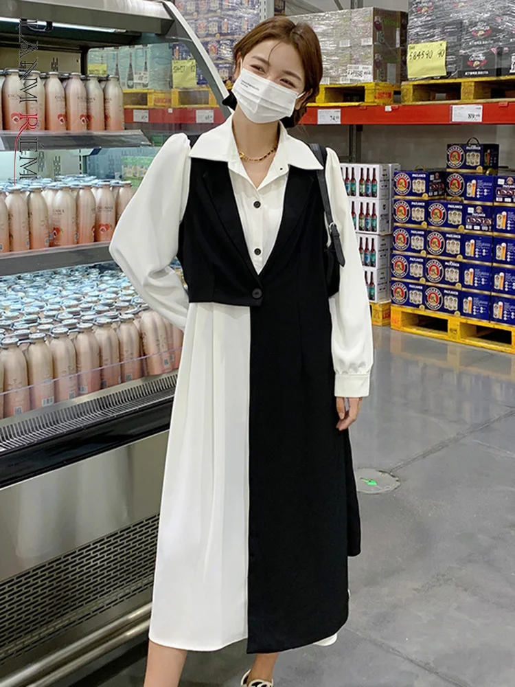 

LANMREM сшитое контрастное цветное платье с отворотом и длинным рукавом, однобортное, имитация двух платьев для женщин, новинка 2023, Spirng 2Q1253