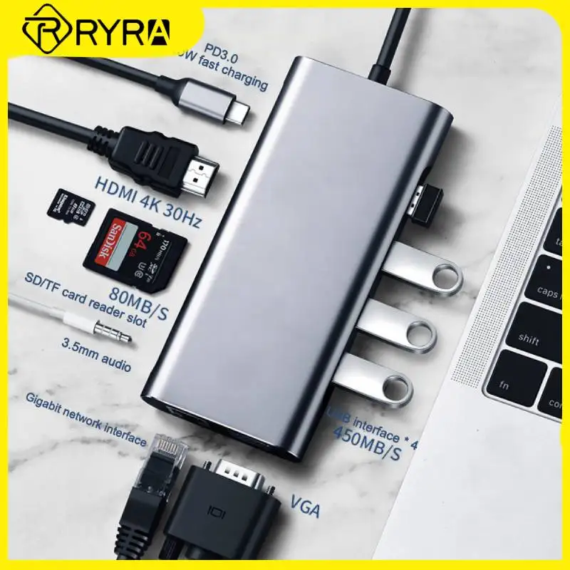 

RYRA 100M RJ45 11 Ports USB 3.0 Hub High Speed HUB Type C Splitter PC Laptop Type C Splitter Expansion Dock VGA PD Reader 4K