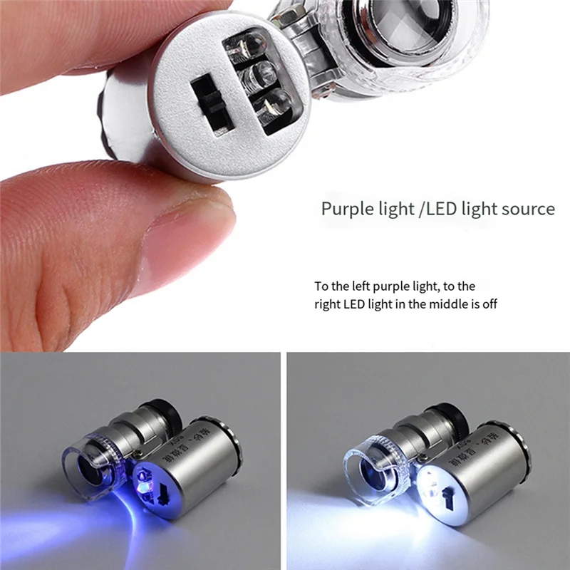 Портативный мини-карманный 60-кратный микроскоп ручная лупа УФ-свет детектор