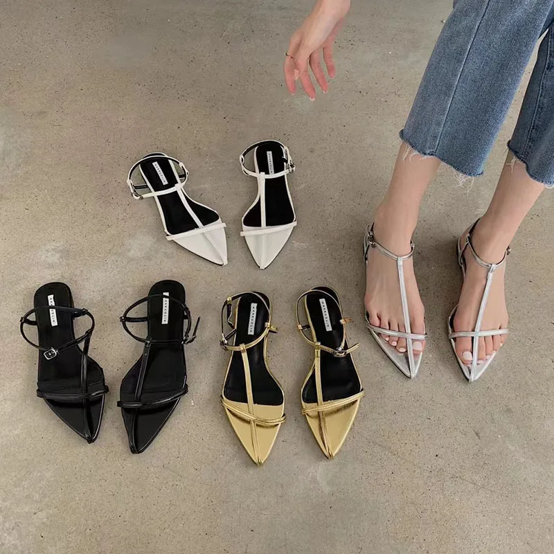 

2022 New Brand Gold Women Sandal Fashion Narrow Band Flat Heel Ladies Gladiator Shoes Pointed Toe Ankle Buckle Zapatos Muje