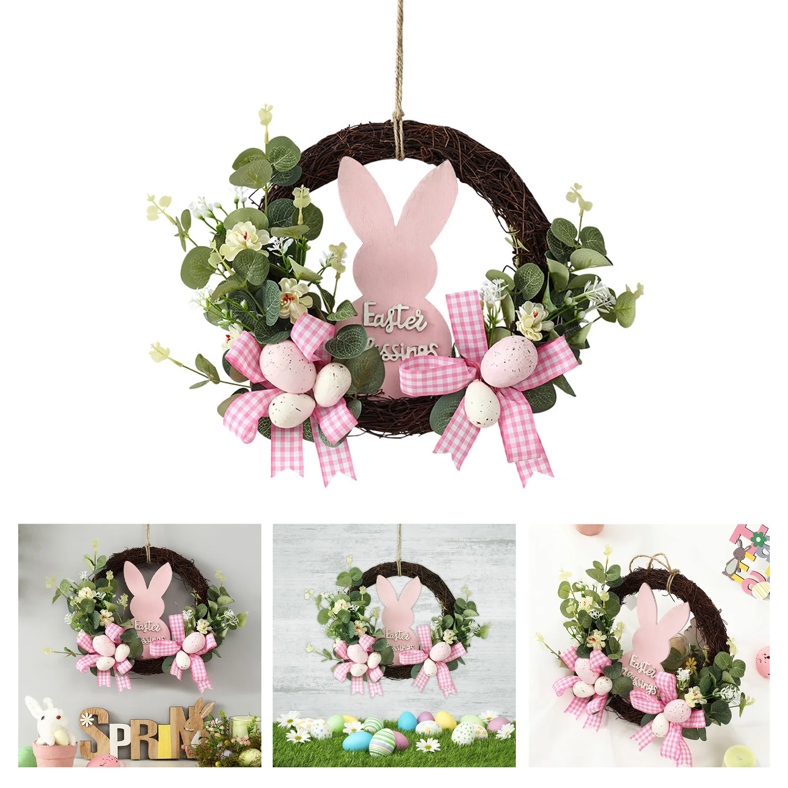

Пасхальный венок с красочными яйцами, смешанные цветы и зеленые листья из ротанга, венок для входной двери, внутренней стены, окна, Декор
