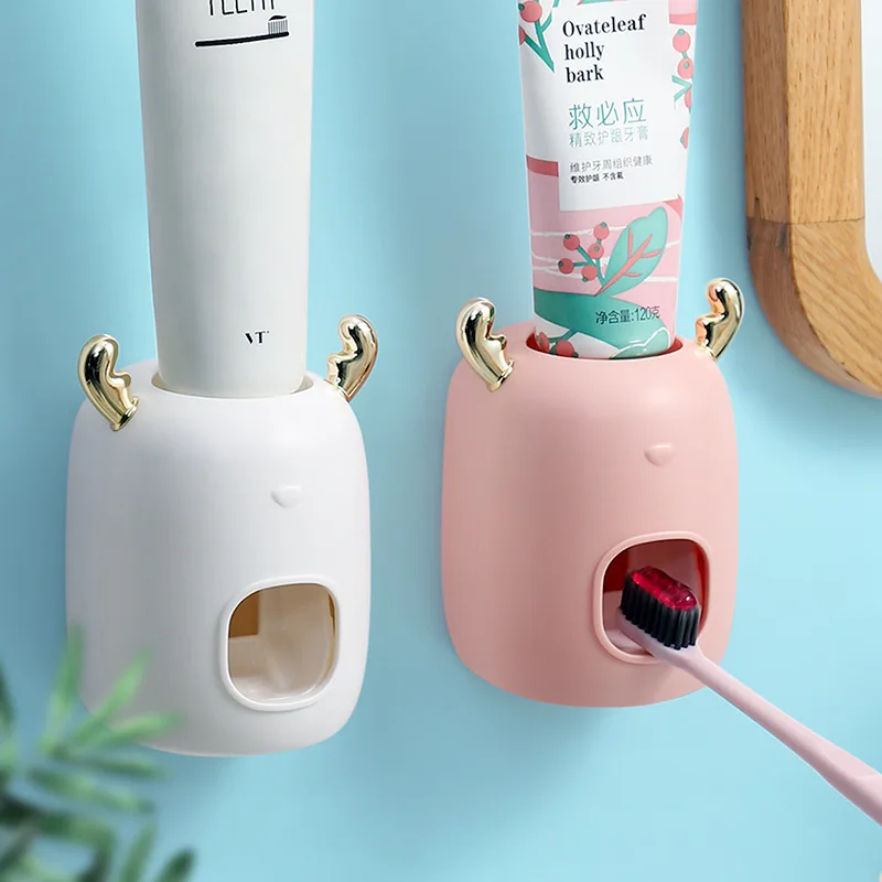 Buy Cute Children Toothpaste Dispenser Storage Rack Toothbrush Holder Wall-Mounted Squeezer Bathroom Accessories Set