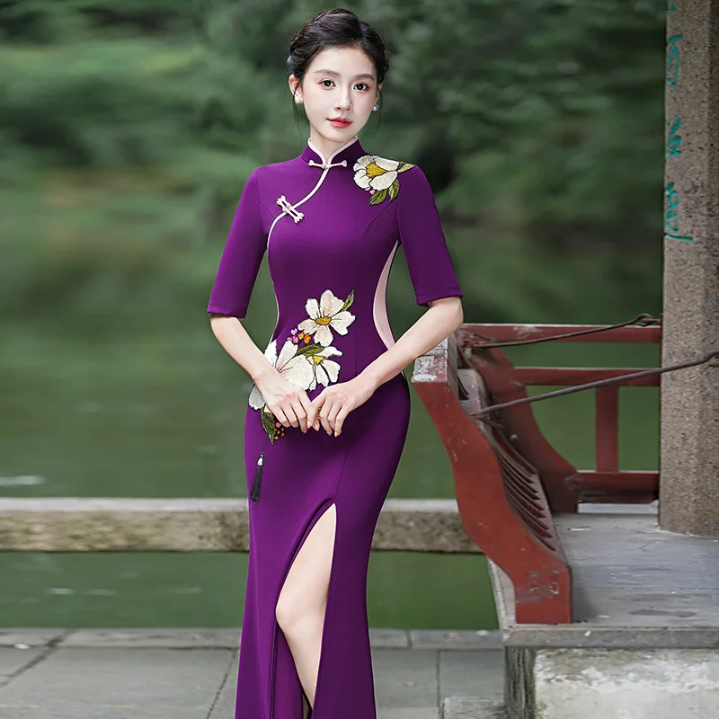 Длинное платье-русалка Cheongsam с фиолетовым принтом модное утягивающее платье