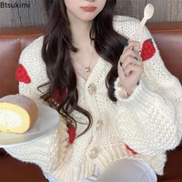 women warm knitted sweater cardigans for autumn winter pink white cute sweaters long sleeve chic strawberry crocheted sweater