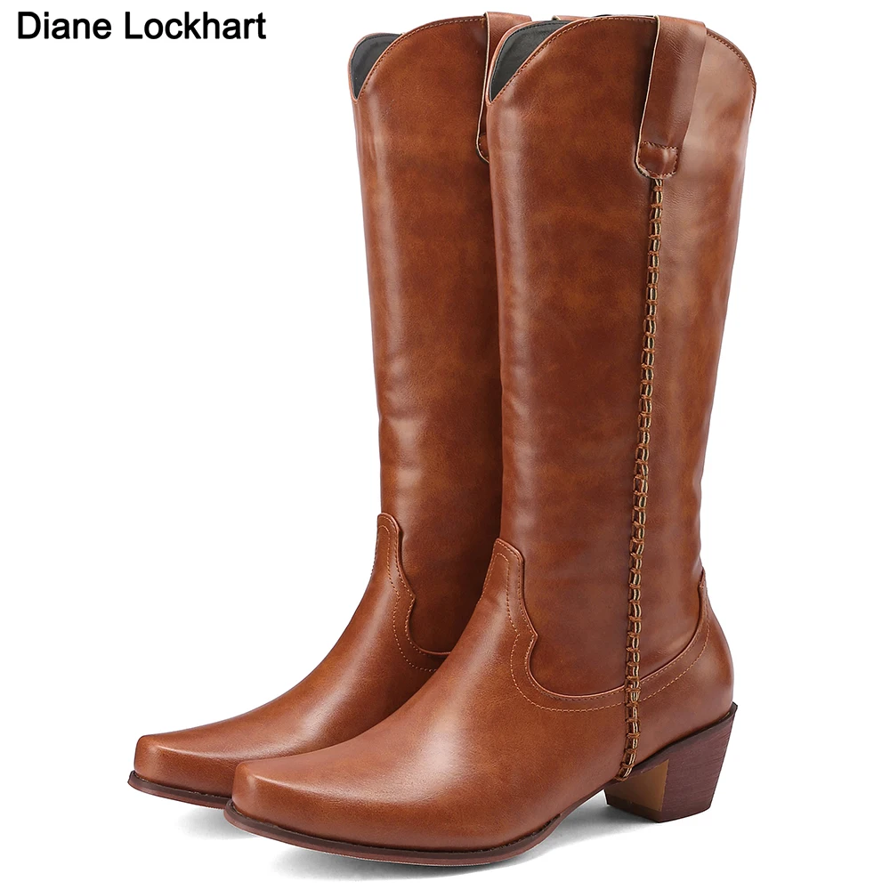 

Chunky Heel Knee High Boots Women Spring Autumn Leather Shoes Ladies Western Cowboy Boottes British Style Pointed Toe Long Boot