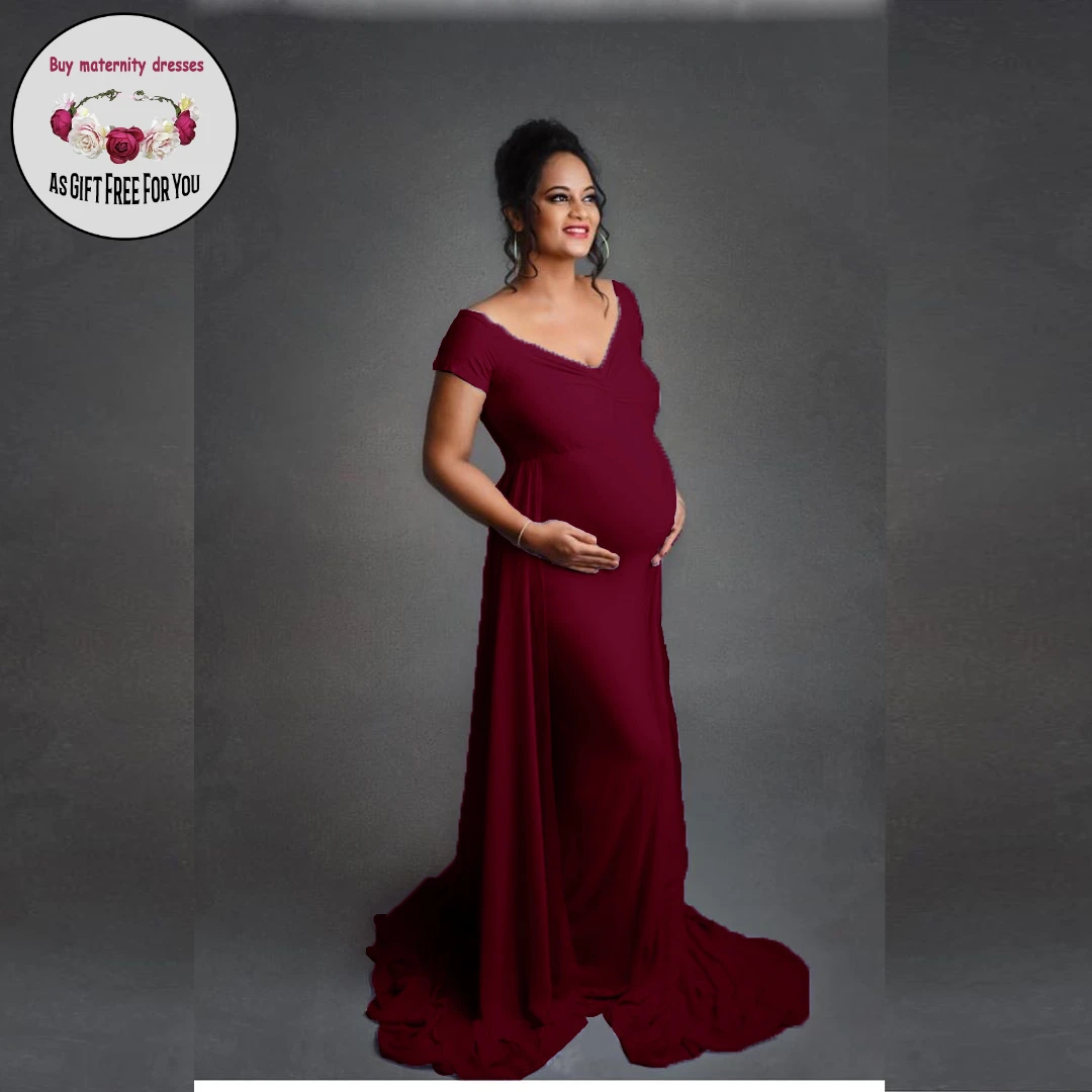 New Fashion Pregnant Women Deep V-neck Off Shoulder Cotton  Maxi Dresses Maternity Gown Photography Props Photo Shoot