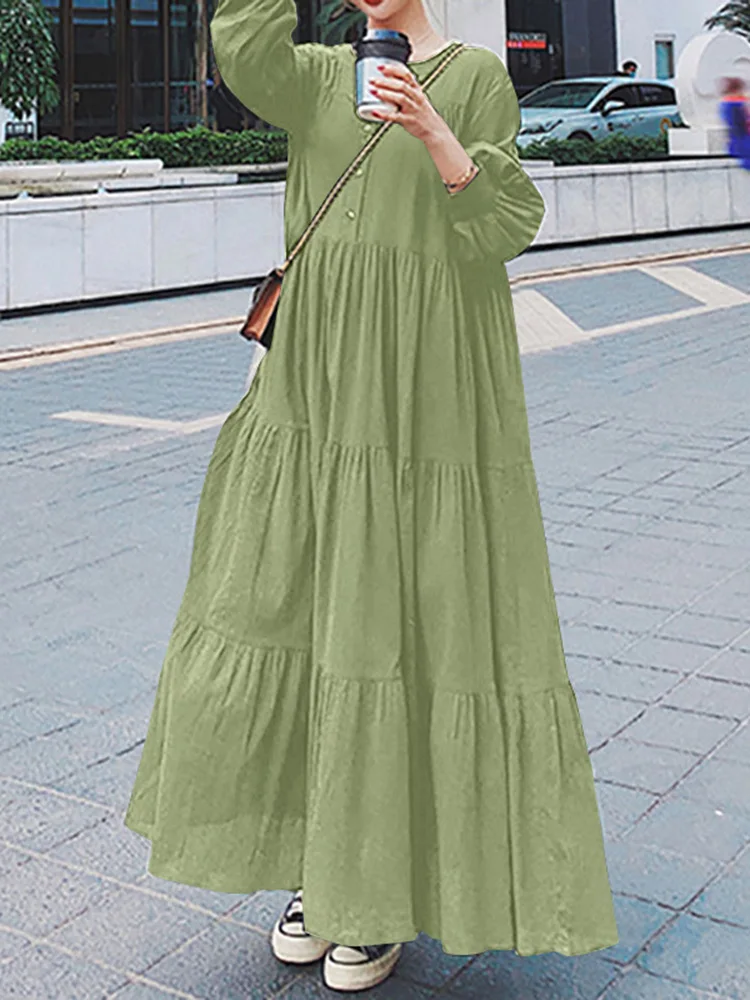 

Puff Sleeve V-Neck Ruffle Button Loose Sundress Femme Elegant Kaftan Korean Robe ZANZEA Spring Solid Color Women's Maxi Dress