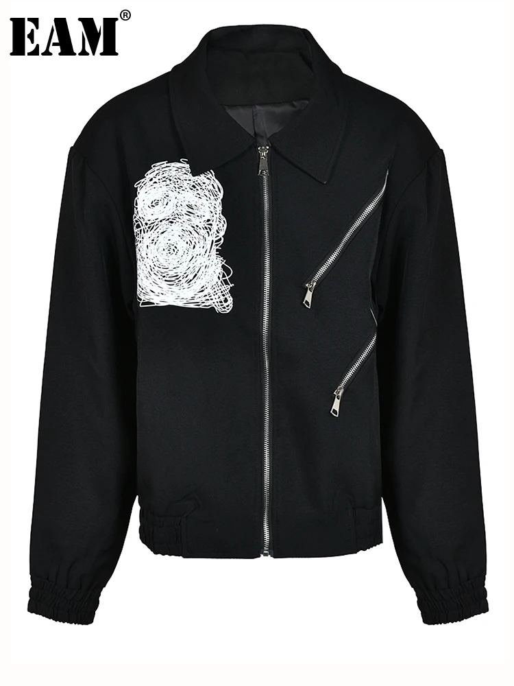

[EAM] Loose Fit Black Printed Zipper Big Size Casual Jacket New Lapel Long Sleeve Women Coat Fashion Spring Autumn 2023 1DH1559