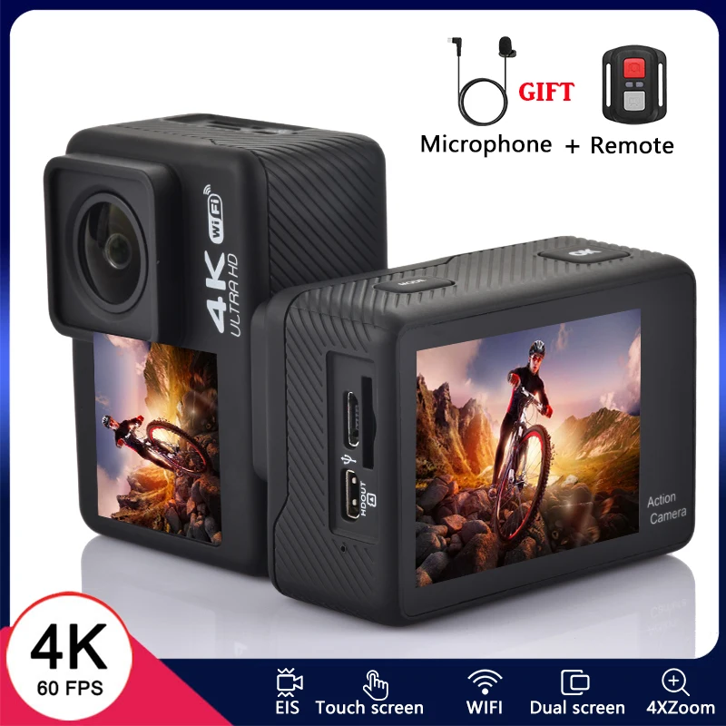 Action Camera 4K60FPS 20MP EIS 2.0 Dual Screen Touch LCD WiFi Waterproof Remote Control 1080P 60FPS 4X Zoom Sports Cam surfing