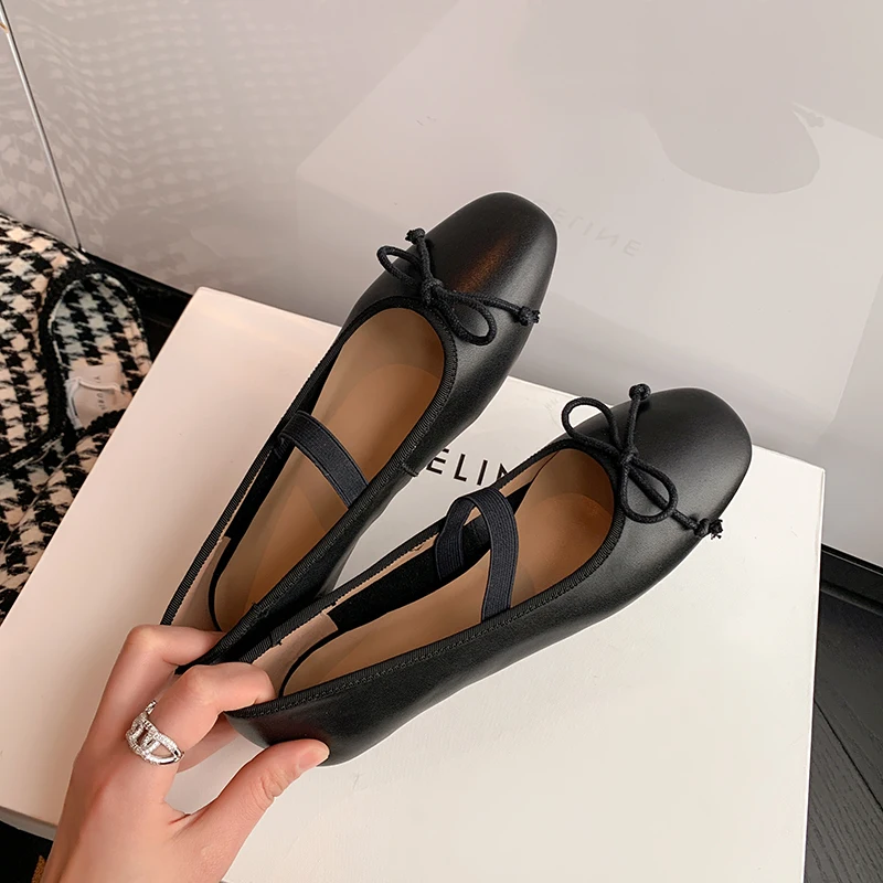Ballet Shoes Girls Luxury Genuine Leather Flats Women Soft Comfortable Elastic Band Bow Decorate Dance Casual Dress Footwear
