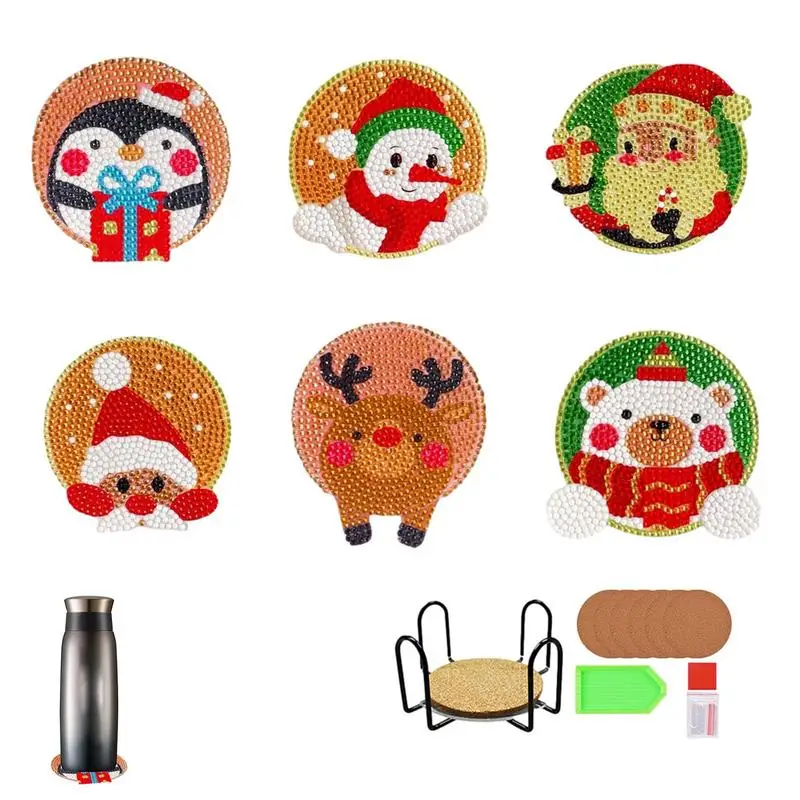 

Diamond DIY Painting Coasters Small Diamond Art Painting Kits Accessories 5D Diamond Round Coaster Santa Reindeer Coasters With