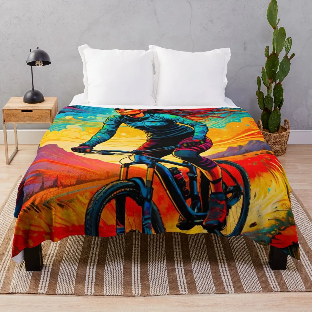 Radiant Rush: Bright MTB Woman Rider Shredding Trails Плед Диваны Роскошные дизайнерские туристические
