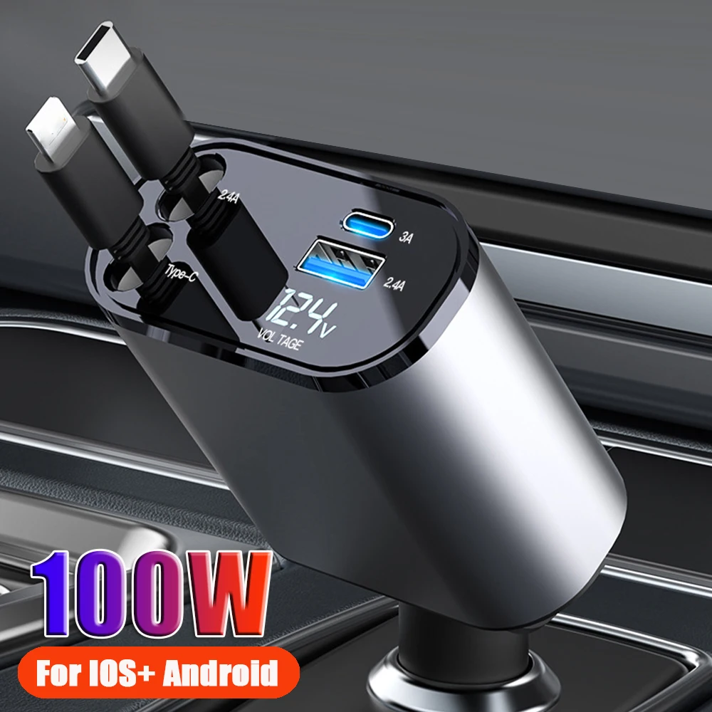 Быстрое зарядное устройство PD + USB 100 Вт с 2 выдвижными кабелями Тип C быстрое