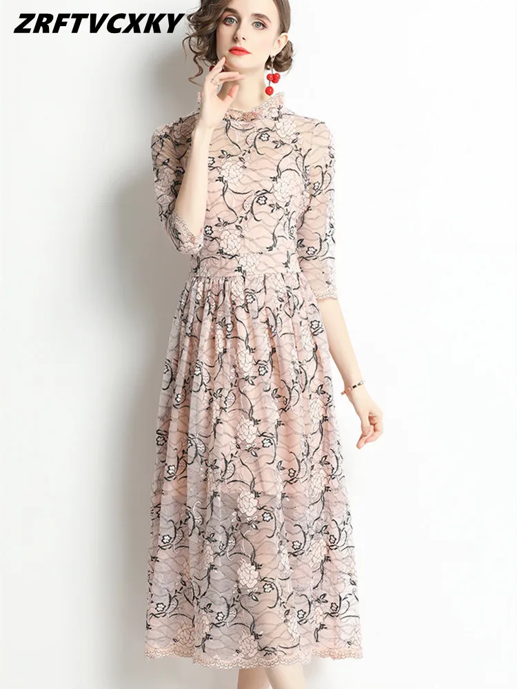 

New Arrived Fashion Flower Lace Dresses For Women Temperament Stand Collar Autumn Print A-Line Elegant Simple Long Dress
