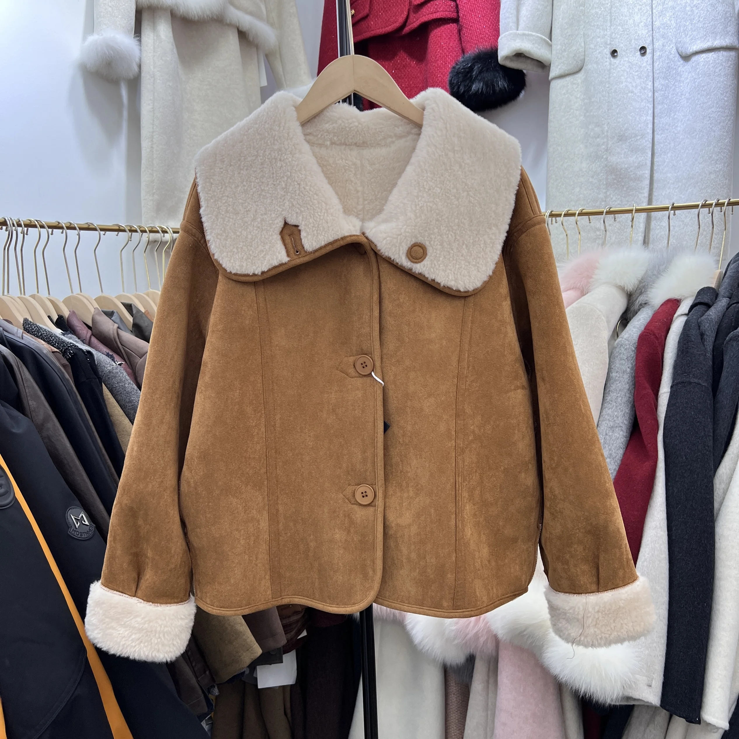 Lapel Double-sided Wear Lamb Wool Outerwear Women Winter Loose Thick Short Suede Fur Fashion