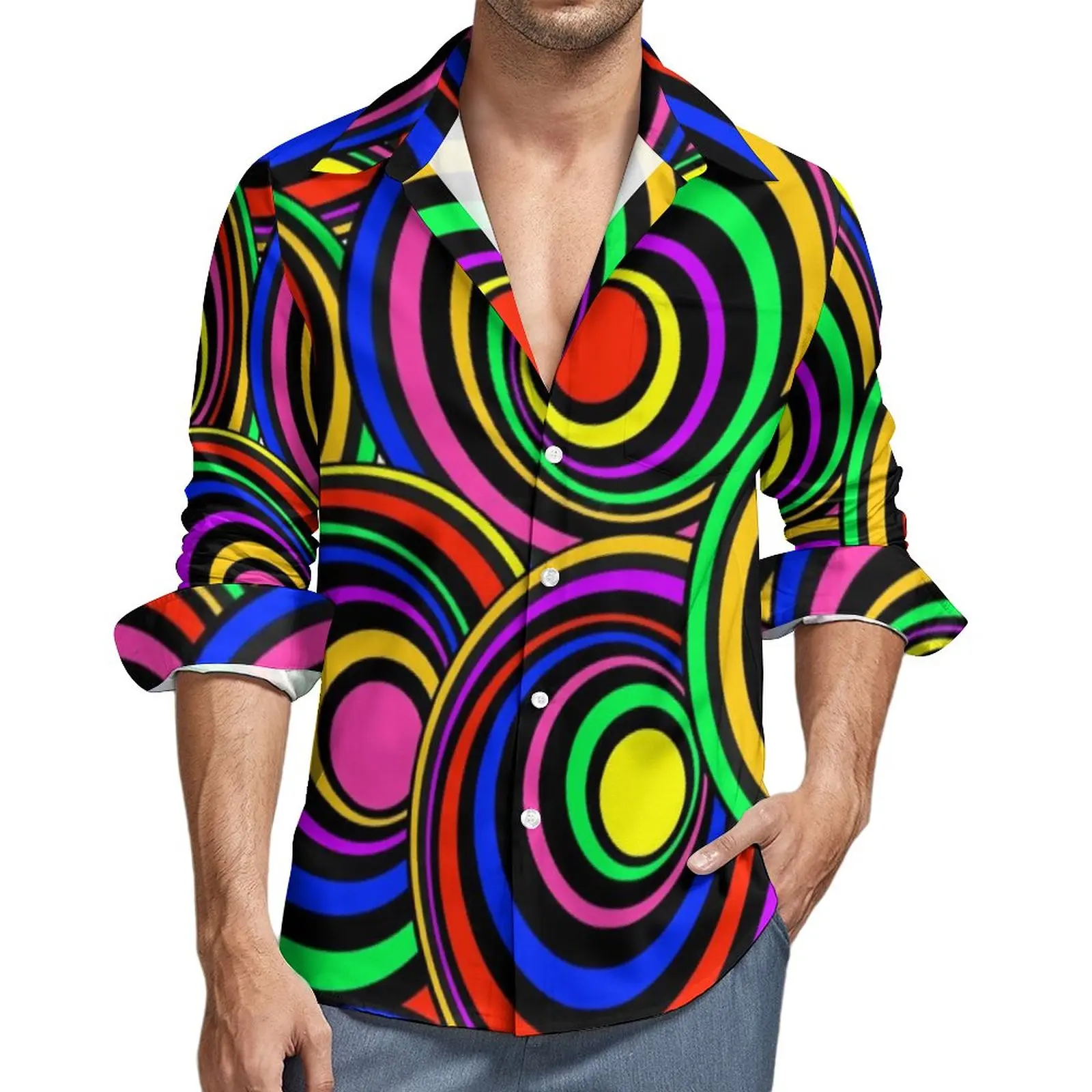 

Trippy Psychedelic Casual Shirts Man Circles Op Art Pattern Shirt Long Sleeve Novelty Blouses Autumn Graphic Clothing Plus Size