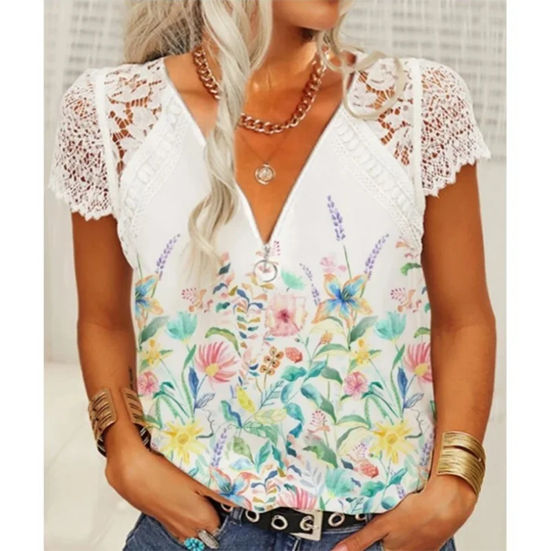 

Summer Lace Short Sleeve Print Blouse Women Fashion V-Neck Casual Loose Clothes Hollow Shirt Ladies Tops Floral Blusas 25949