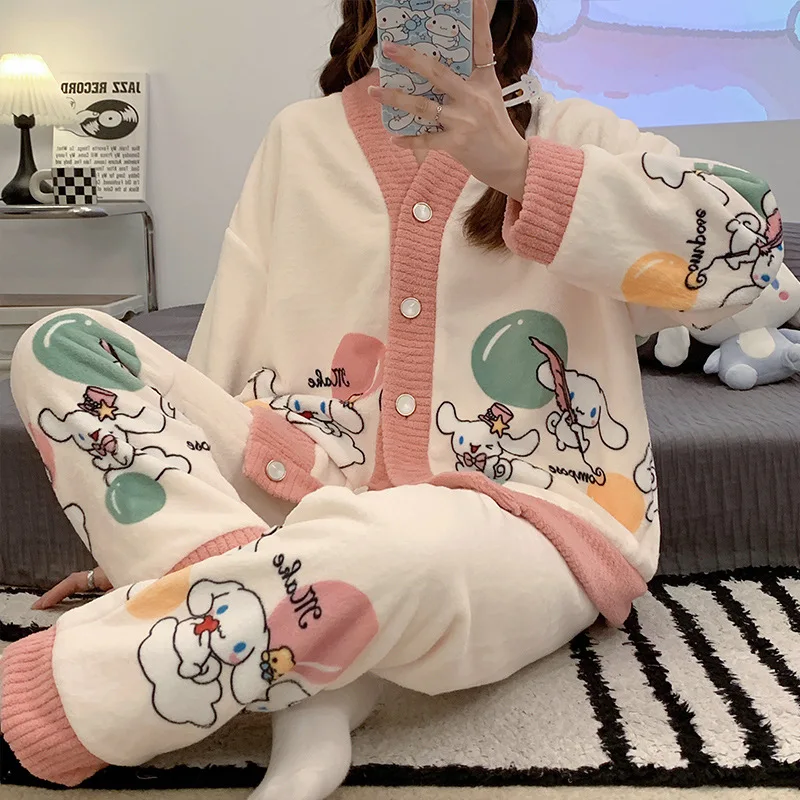 Women Autumn Winter Cute Cartoon Home Warm Thicken Flannel Cardigan Pyjamas Suit Thick Coral Fleece Top Pants Soft Sleepwear Set