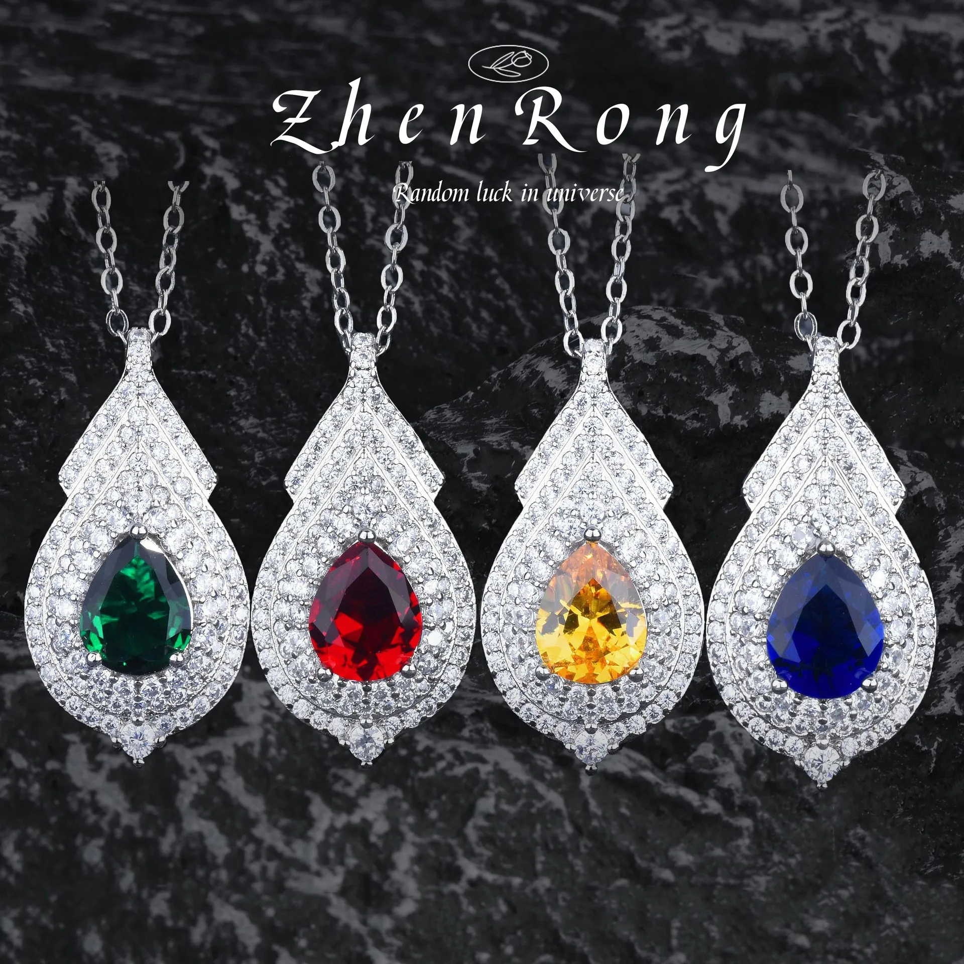 

Vintage Luxury Water Drop Imitated Gemstone Red/Blue/Green/Yellow Crystal Pendant Necklaces For Women Wedding Choker Jewelry