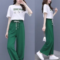 cartoon printed t shirt straight pants two piece 2022 summer ice silk wide leg pants cool and refreshing show thin trousers