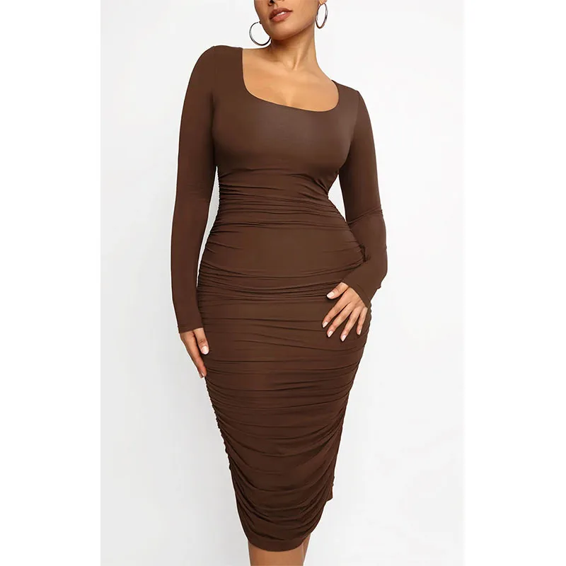 

Dresses for Women 2023 Summer Fashion Casual Square Collar Neck Pullover Sexy Shaping Pleated Wrapped Hip Women's Dress
