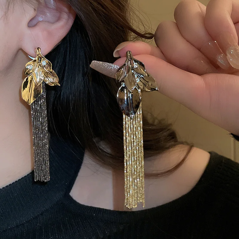 

Minar Textured Contrast Color Metallic Irregular Leaves Long Drop Earrings for Women Gold Black Plated Long Chain Tassel Earring